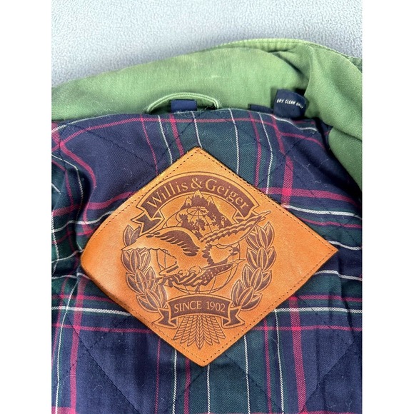 Willis Geiger Jacket Mens Large Green Leather Elbow Patch Field Chore Safari - Picture 13 of 16